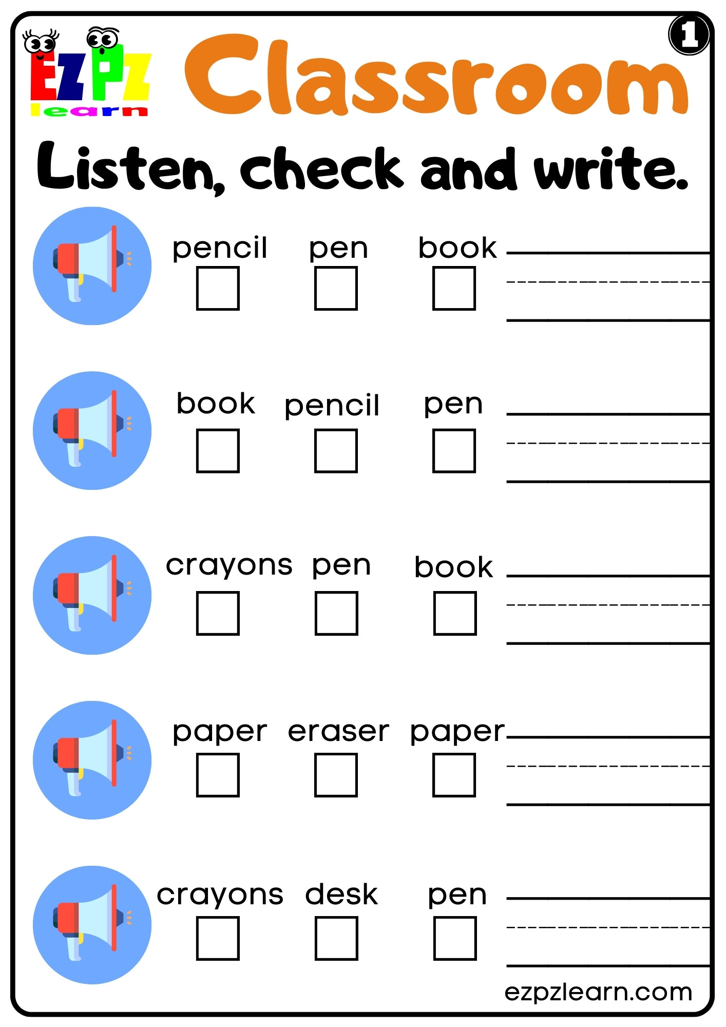 Classroom Objects Listen Check and Write Interactive Worksheet 1
